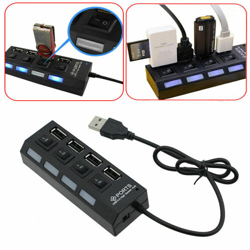 4 Port USB 2.0 Black Hub with High Speed Adapter ON/OFF Switch
