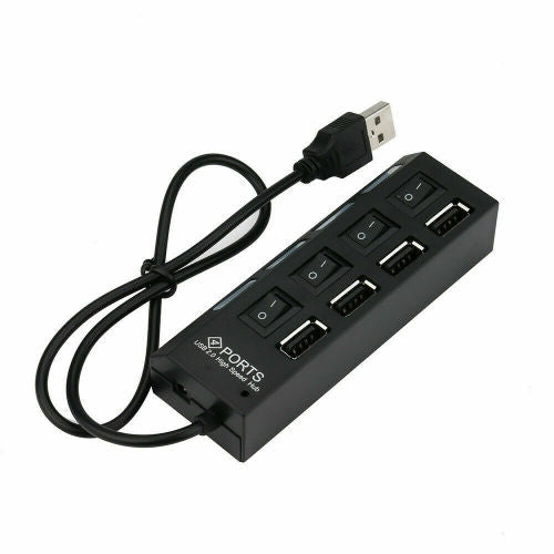 4 Port USB 2.0 Black Hub with High Speed Adapter ON/OFF Switch