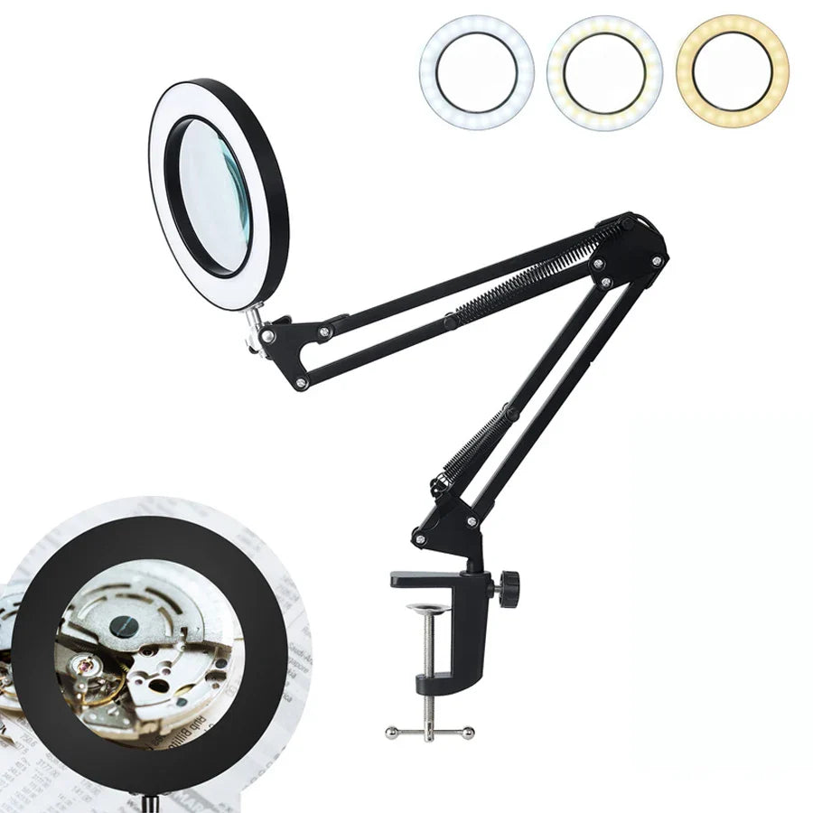 10X 160mm Three-Color LED Clip-On Magnifying Glass Lamp Desk